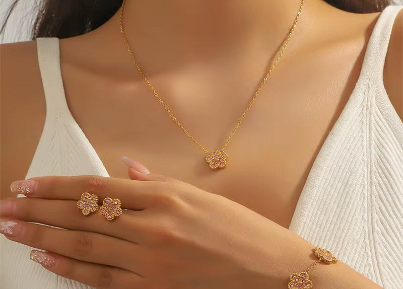 316L Stainless Steel Pink Zircon Five Leaf Flower Bracelet for Women Trendy Reversible Clover Wrist Chain Jewelry Gift