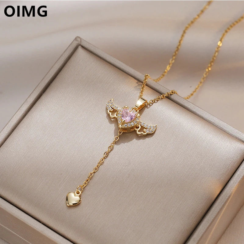 316L Stainless Steel Gold Color Cupid Angel'S Wings Pendant Necklace for Women Girls Clavicle Chain Party Jewelry Gift