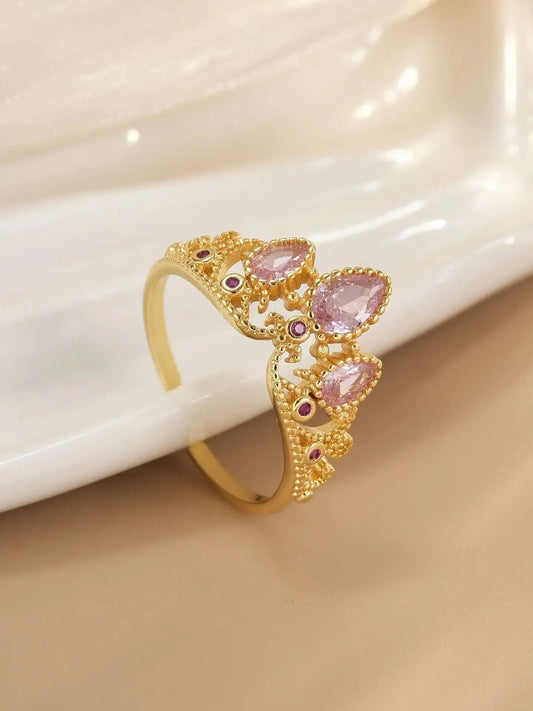 Rapunzel Ring for Woman Fashion Wedding Party Jewelry Accessories Gold Plated Adjustable Powder Crystal Princess Crown Ring Gift