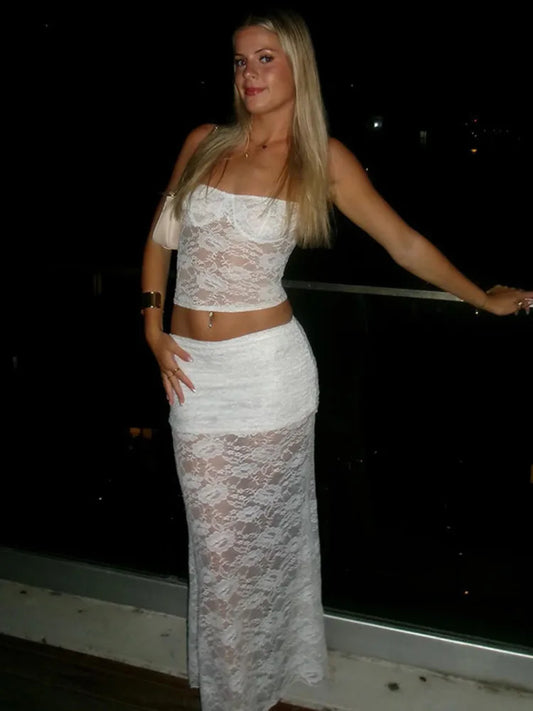 Mozision White Lace Sexy Two Piece Sets Woman Halter Top And Long Maxi Skirt Ladies Fashion Sheer Mesh Elegant Matching Sets