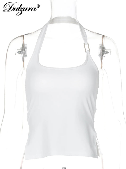 Dulzura Sleeveless Halter Side Slit Top With Button Sexy Casual Tank Party Club Streetwear Women’S Autumn Winter Clothes