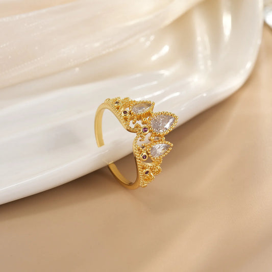 Rapunzel Ring for Woman Fashion Wedding Party Jewelry Accessories Gold Plated Adjustable Powder Crystal Princess Crown Ring Gift