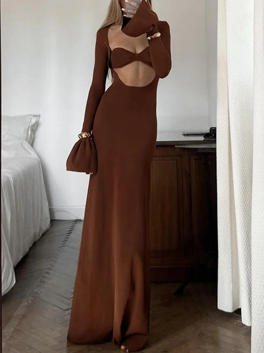 Sexy Dress for Women Fashion Vintage Streetwear Dresses Solid Slim Long Sleeve Hollow Out Midi 2024 New Autumn Winter Dresses