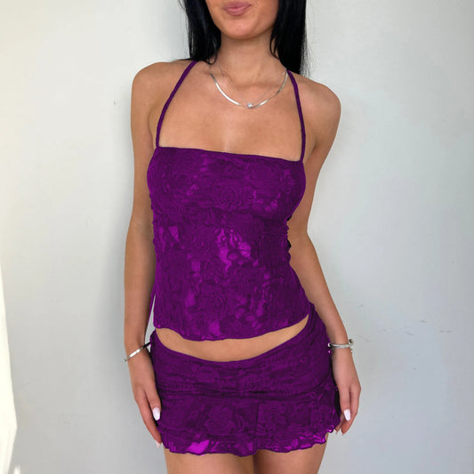 Y2K Vintage Lace See Through Two Piece Outfit Sexy Backless Bandage Halter Crop Tops and Mini Skirt Ladies Summer Clubwear