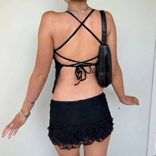 Y2K Vintage Lace See Through Two Piece Outfit Sexy Backless Bandage Halter Crop Tops and Mini Skirt Ladies Summer Clubwear