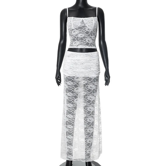 Mozision White Lace Sexy Two Piece Sets Woman Halter Top And Long Maxi Skirt Ladies Fashion Sheer Mesh Elegant Matching Sets
