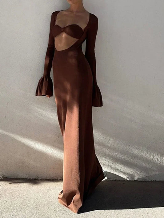 Sexy Dress for Women Fashion Vintage Streetwear Dresses Solid Slim Long Sleeve Hollow Out Midi 2024 New Autumn Winter Dresses