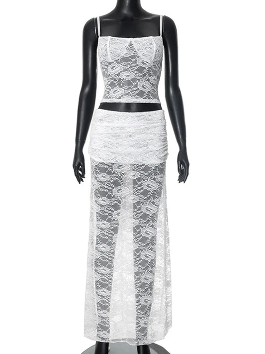 Mozision White Lace Sexy Two Piece Sets Woman Halter Top And Long Maxi Skirt Ladies Fashion Sheer Mesh Elegant Matching Sets