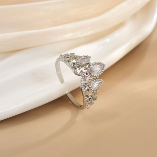 Rapunzel Ring for Woman Fashion Wedding Party Jewelry Accessories Gold Plated Adjustable Powder Crystal Princess Crown Ring Gift