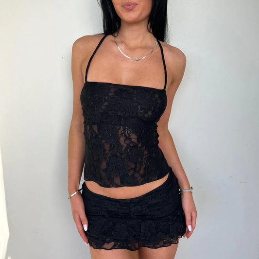 Y2K Vintage Lace See Through Two Piece Outfit Sexy Backless Bandage Halter Crop Tops and Mini Skirt Ladies Summer Clubwear