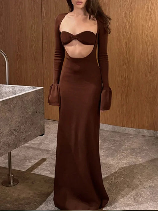 Sexy Dress for Women Fashion Vintage Streetwear Dresses Solid Slim Long Sleeve Hollow Out Midi 2024 New Autumn Winter Dresses