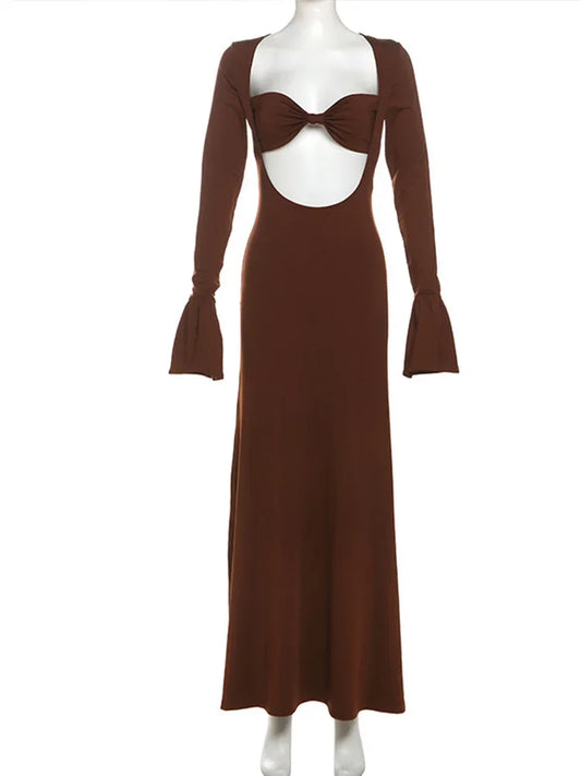 Sexy Dress for Women Fashion Vintage Streetwear Dresses Solid Slim Long Sleeve Hollow Out Midi 2024 New Autumn Winter Dresses