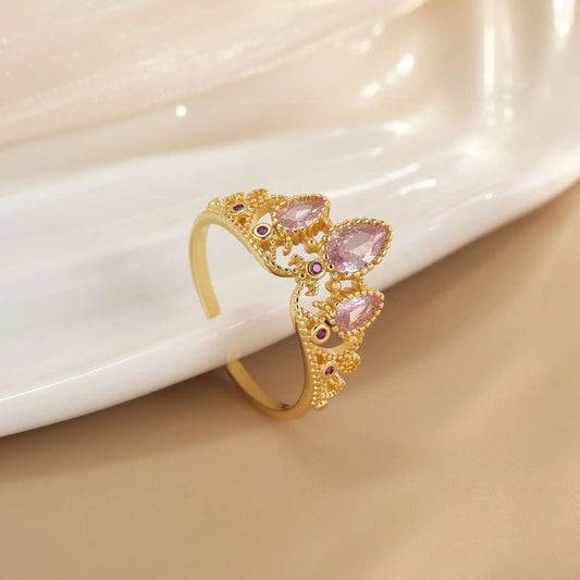 Rapunzel Ring for Woman Fashion Wedding Party Jewelry Accessories Gold Plated Adjustable Powder Crystal Princess Crown Ring Gift