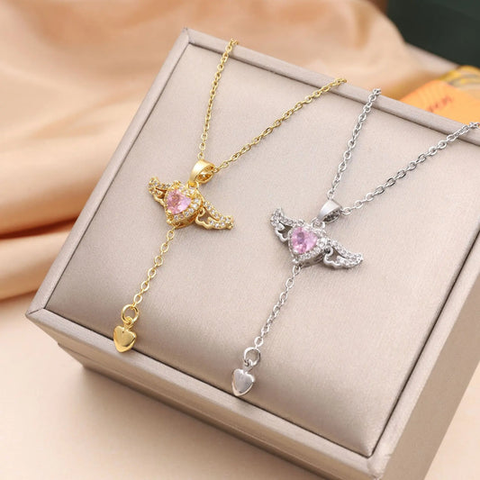316L Stainless Steel Gold Color Cupid Angel'S Wings Pendant Necklace for Women Girls Clavicle Chain Party Jewelry Gift