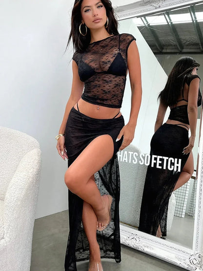 Combhasaki Women's Boho 2Piece Lace See-through Cover Ups Set Sheer Cap Sleeve Backless Crop Tops+Low Waist High Slit Long Skirt