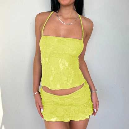 Y2K Vintage Lace See Through Two Piece Outfit Sexy Backless Bandage Halter Crop Tops and Mini Skirt Ladies Summer Clubwear