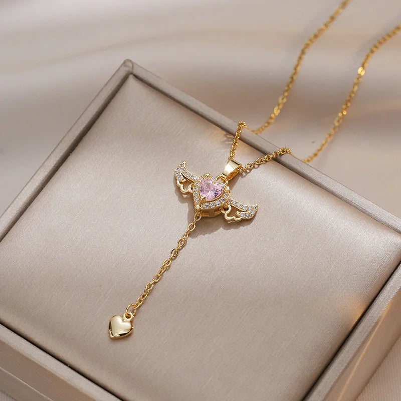 316L Stainless Steel Gold Color Cupid Angel'S Wings Pendant Necklace for Women Girls Clavicle Chain Party Jewelry Gift